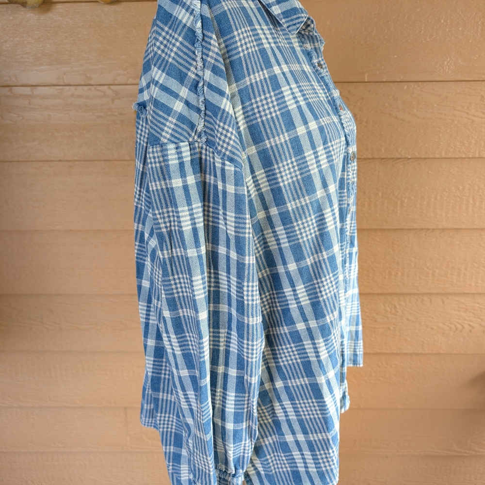 Peace Love World Lve Unites Us Blue and White Plaid Button Down Shirt - Picture 4 of 5